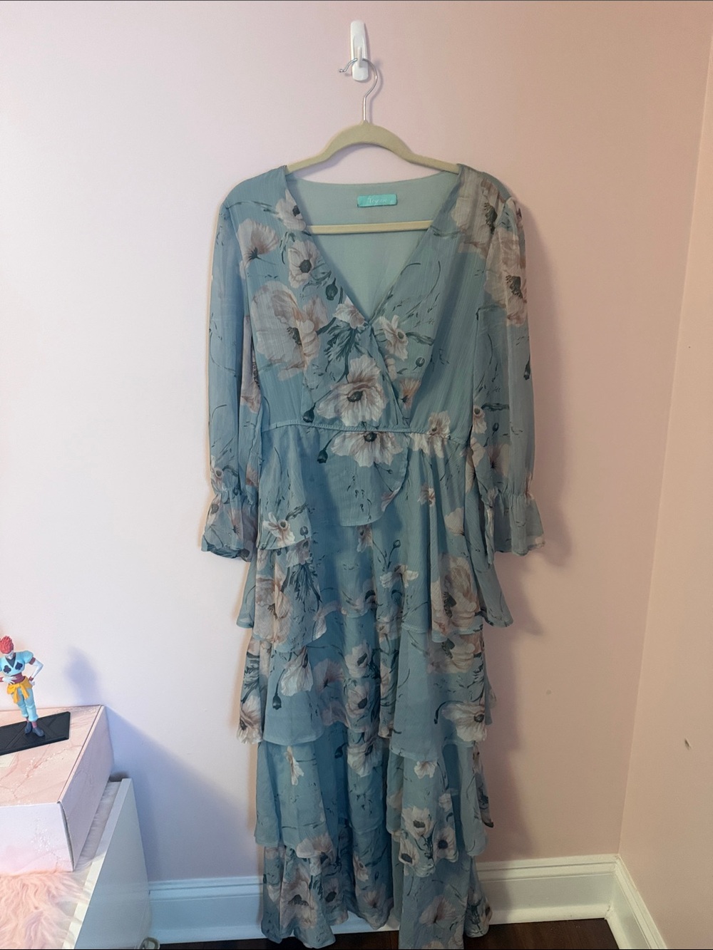 Floral Tiered V-Neck Maxi Dress in Sage Blue